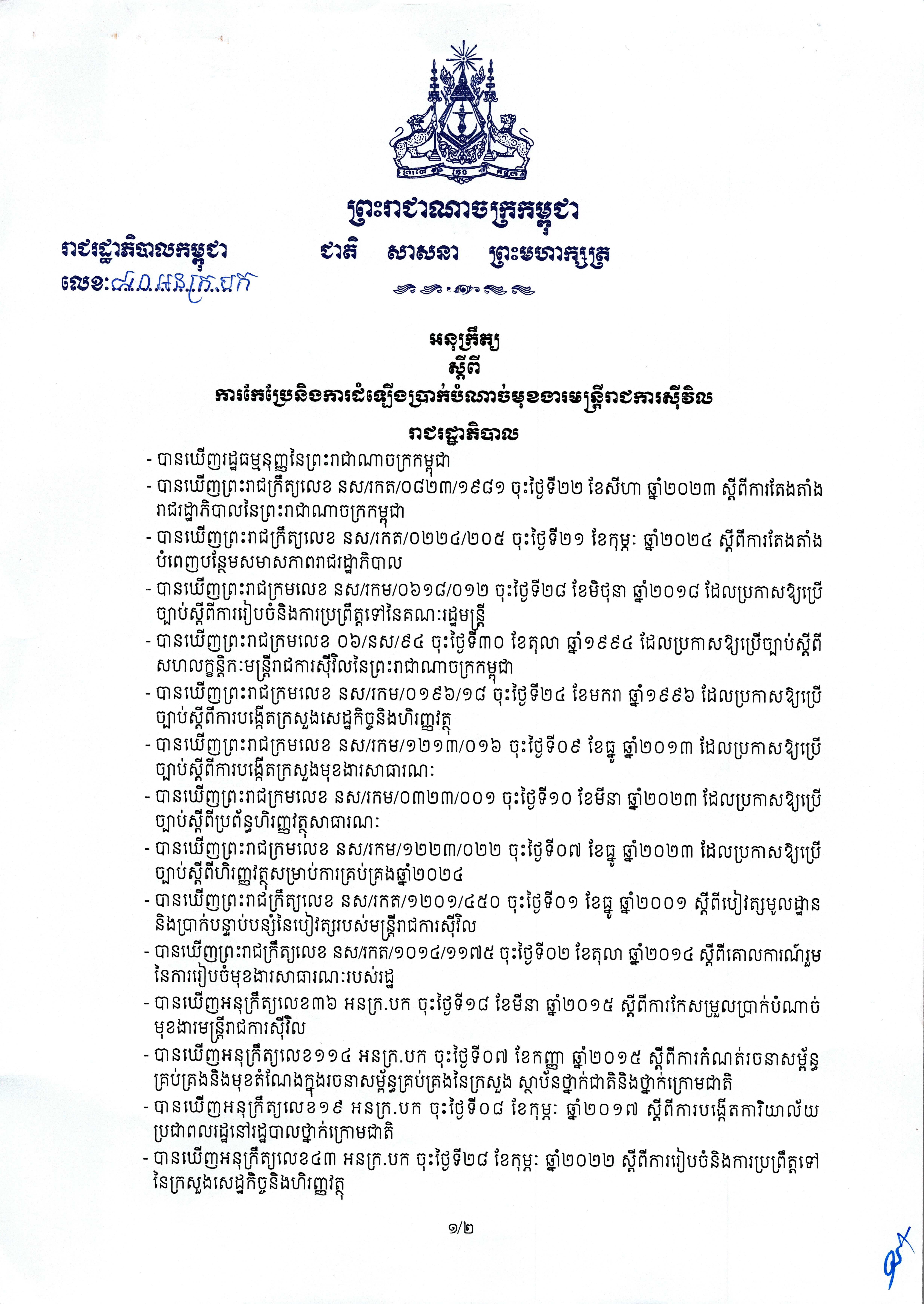 អនុក្រឹត្យលេខ៨០ អនក្រ.បក ស្តីពី “ការកែប្រែ និងការដំឡើងប្រាក់បំណាច់មុខងារមន្ត្រីរាជការស៊ីវិល